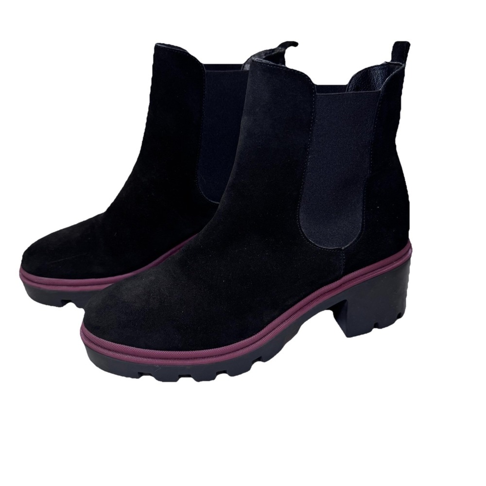 Antonio de Faria Black Suede Chelsea Boots Chunky Lug Sole Block Heel US 9